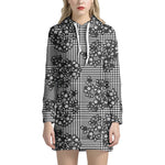 Black And White Floral Glen Plaid Print Hoodie Dress