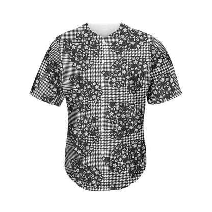 Black And White Floral Glen Plaid Print Men's Baseball Jersey