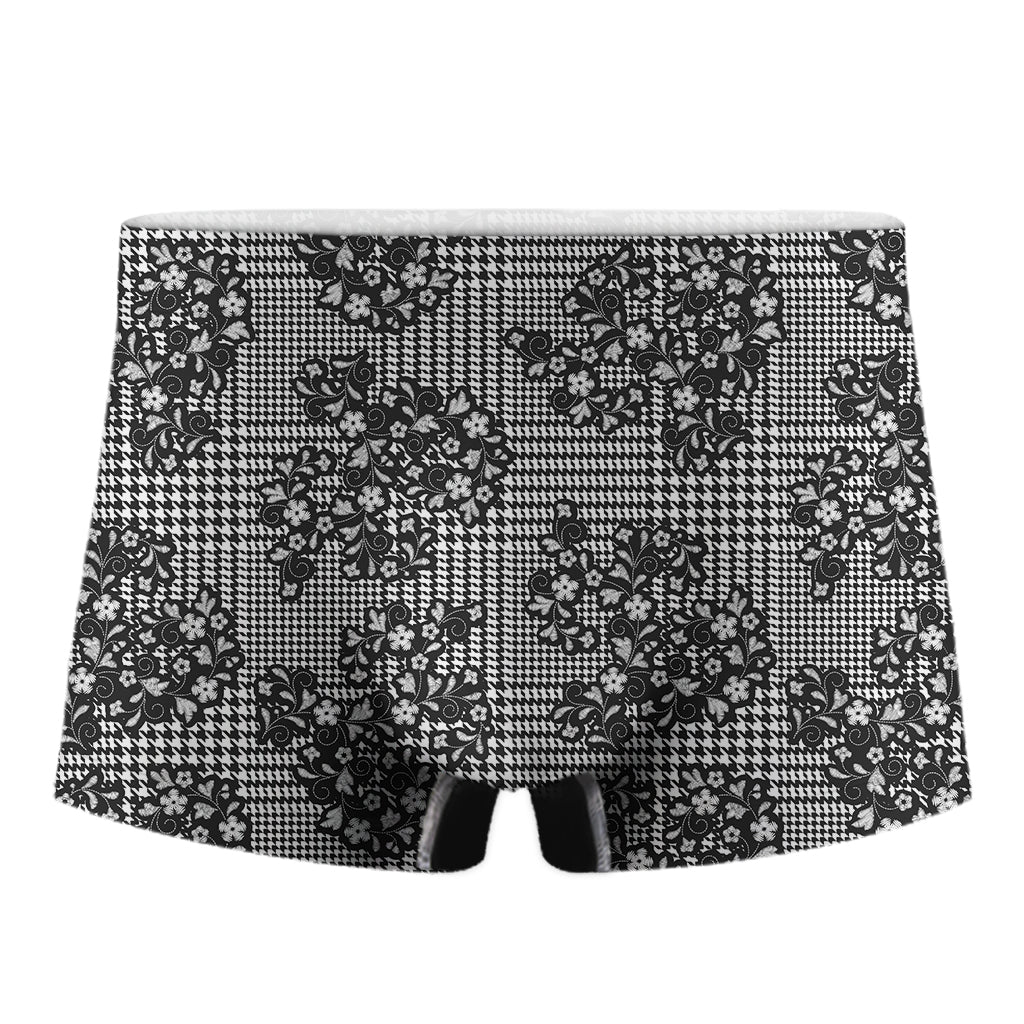 Black And White Floral Glen Plaid Print Men's Boxer Briefs