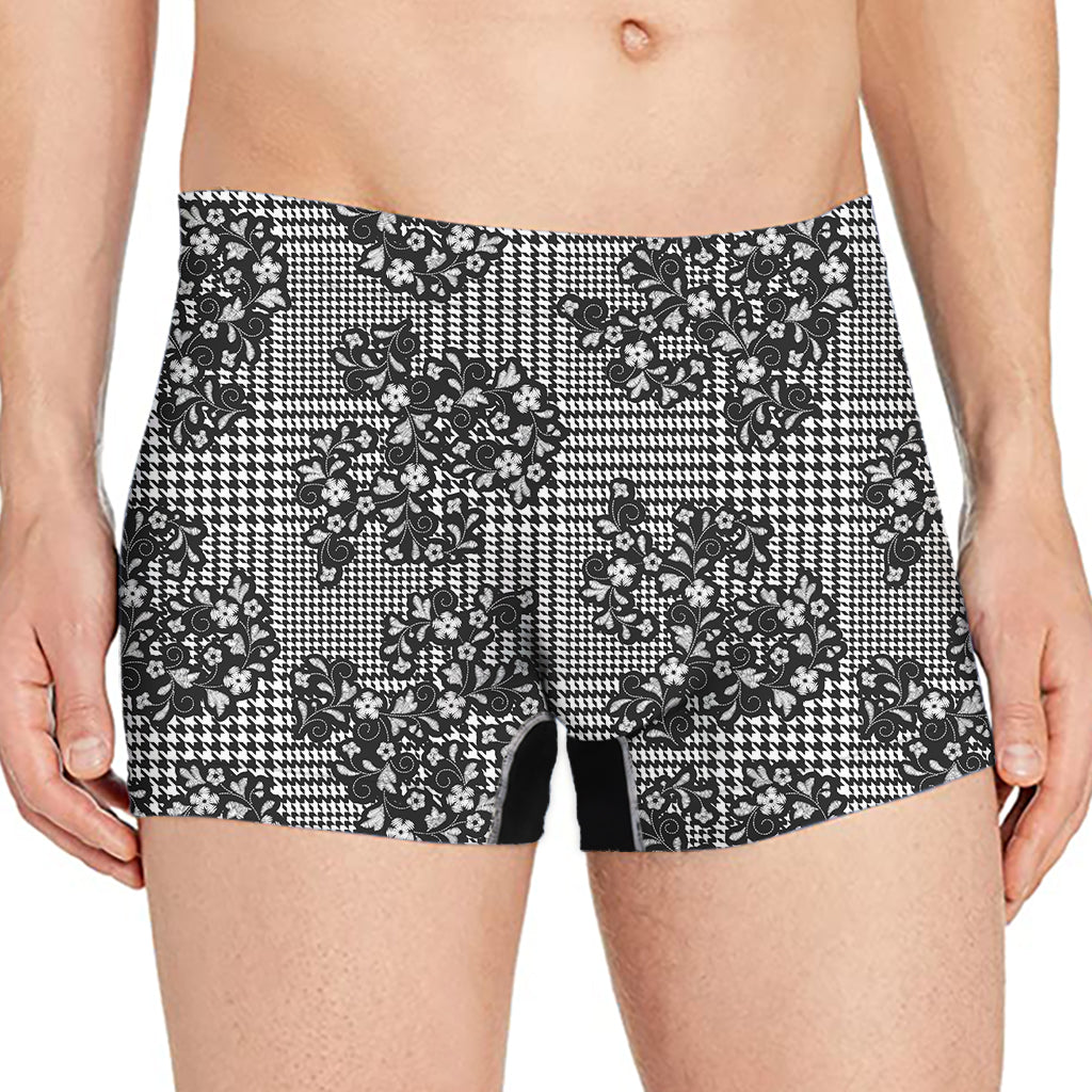 Black And White Floral Glen Plaid Print Men's Boxer Briefs