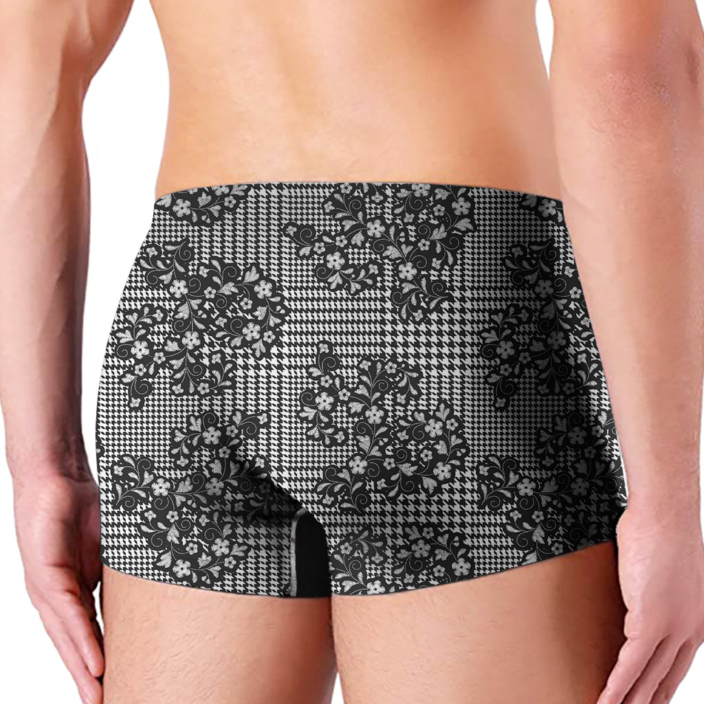 Black And White Floral Glen Plaid Print Men's Boxer Briefs