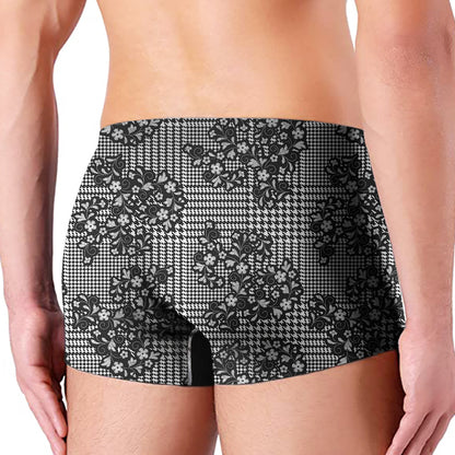 Black And White Floral Glen Plaid Print Men's Boxer Briefs
