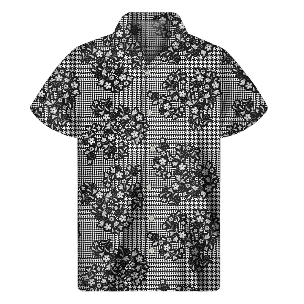 Black And White Floral Glen Plaid Print Men's Short Sleeve Shirt