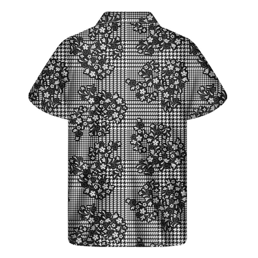 Black And White Floral Glen Plaid Print Men's Short Sleeve Shirt