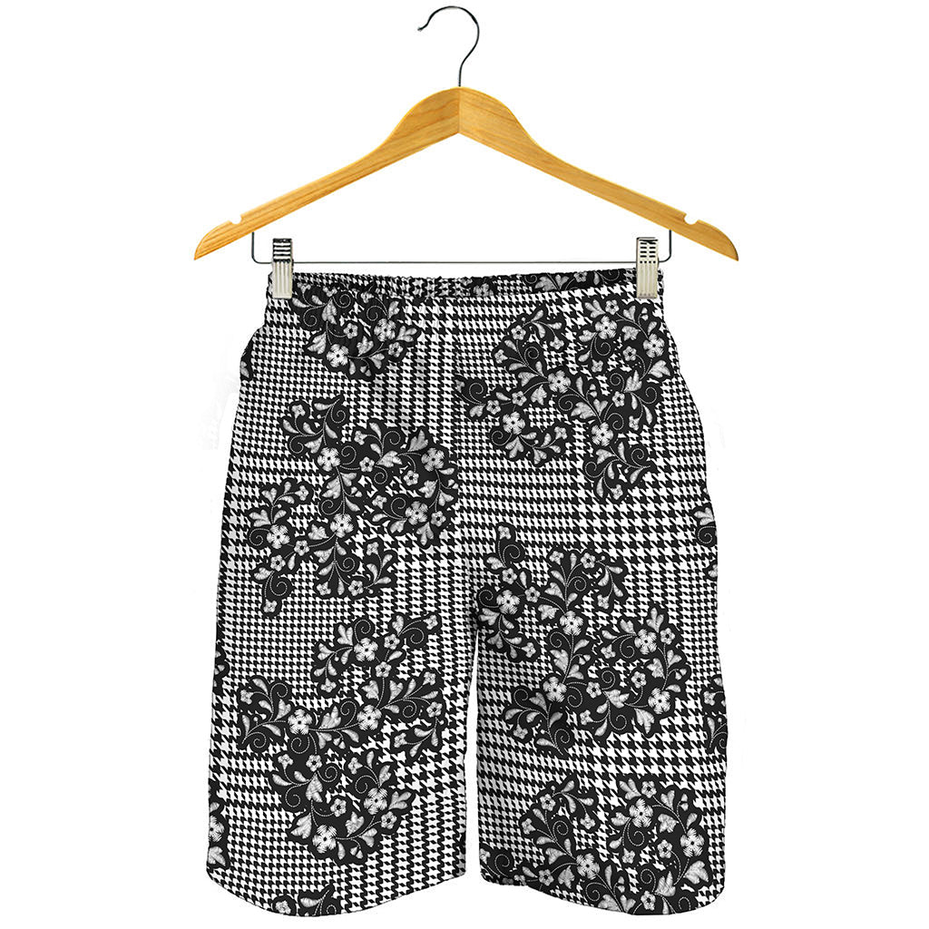 Black And White Floral Glen Plaid Print Men's Shorts