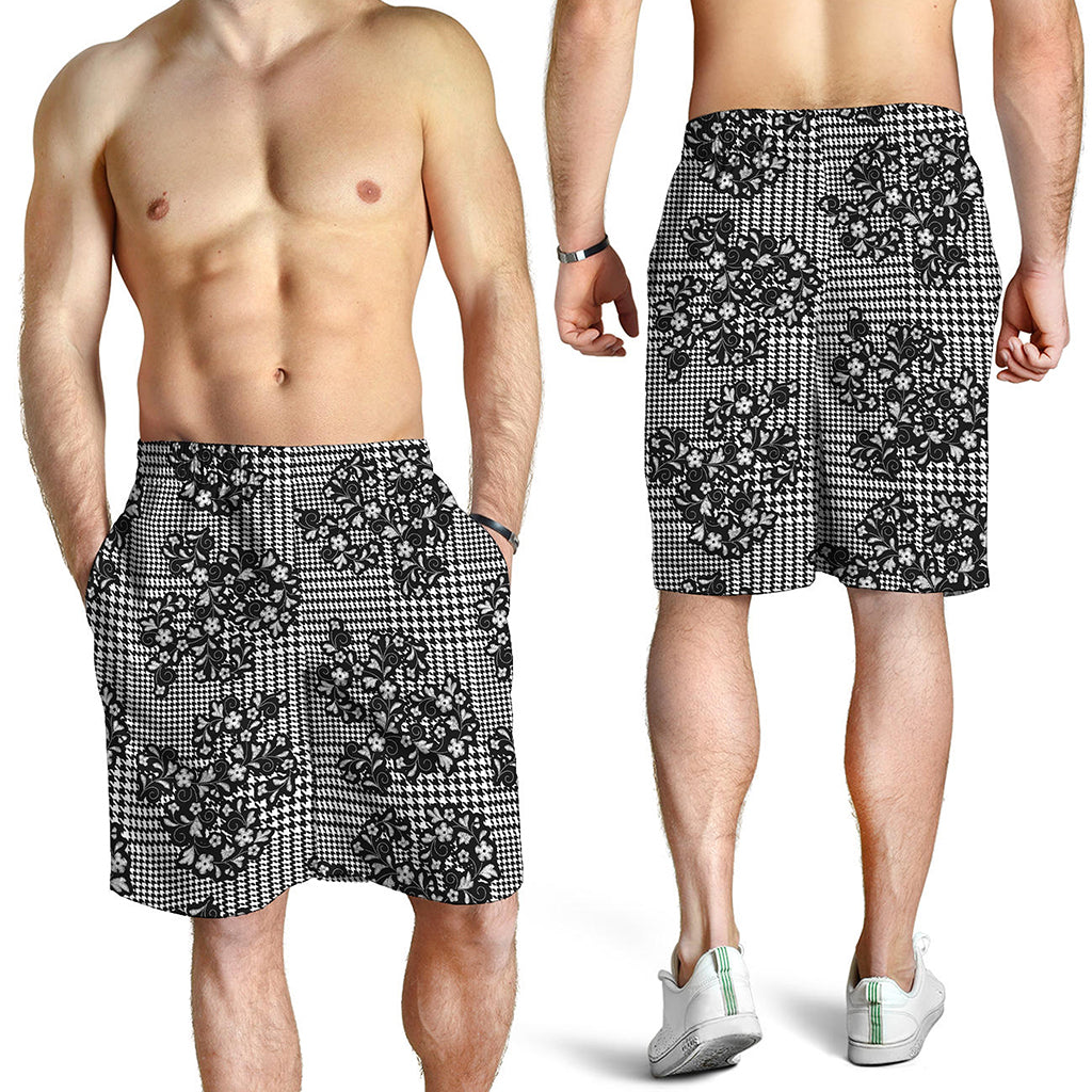 Black And White Floral Glen Plaid Print Men's Shorts