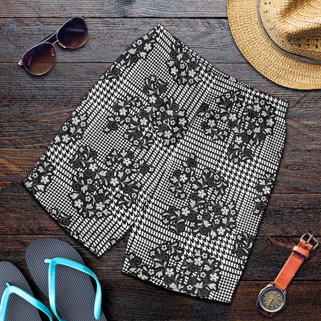 Black And White Floral Glen Plaid Print Men's Shorts