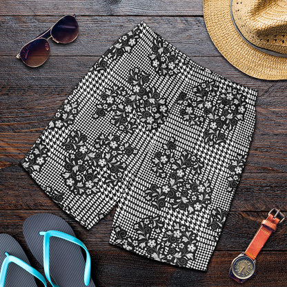 Black And White Floral Glen Plaid Print Men's Shorts