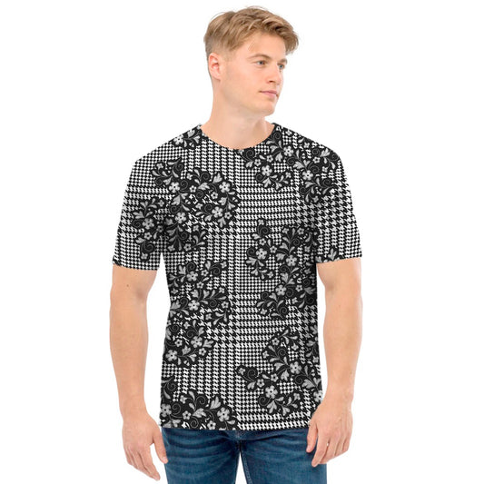 Black And White Floral Glen Plaid Print Men's T-Shirt