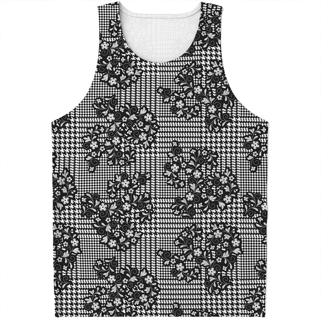 Black And White Floral Glen Plaid Print Men's Tank Top