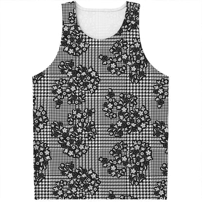 Black And White Floral Glen Plaid Print Men's Tank Top