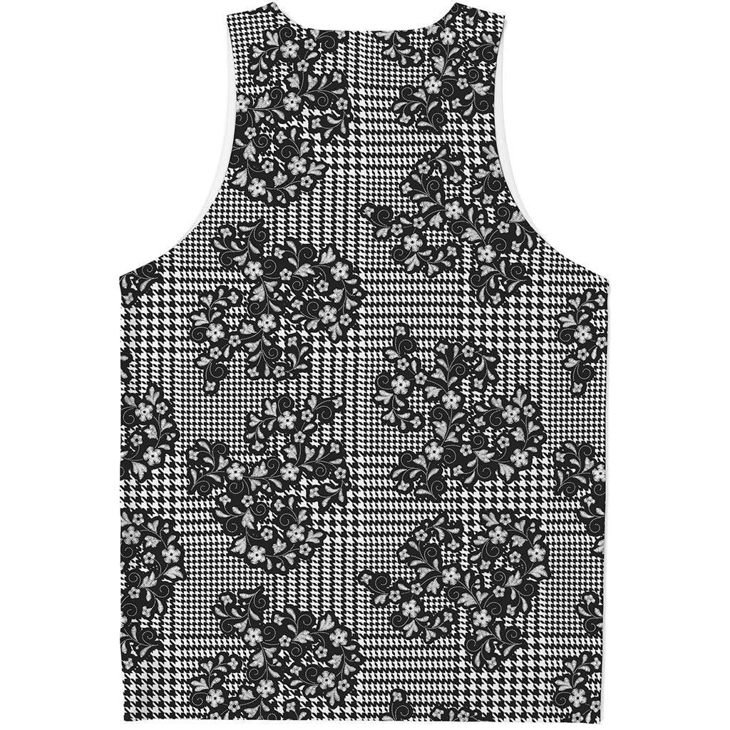 Black And White Floral Glen Plaid Print Men's Tank Top