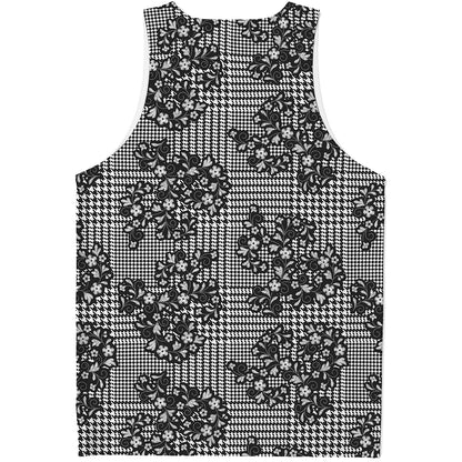 Black And White Floral Glen Plaid Print Men's Tank Top