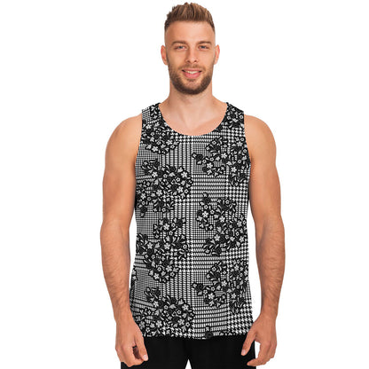 Black And White Floral Glen Plaid Print Men's Tank Top