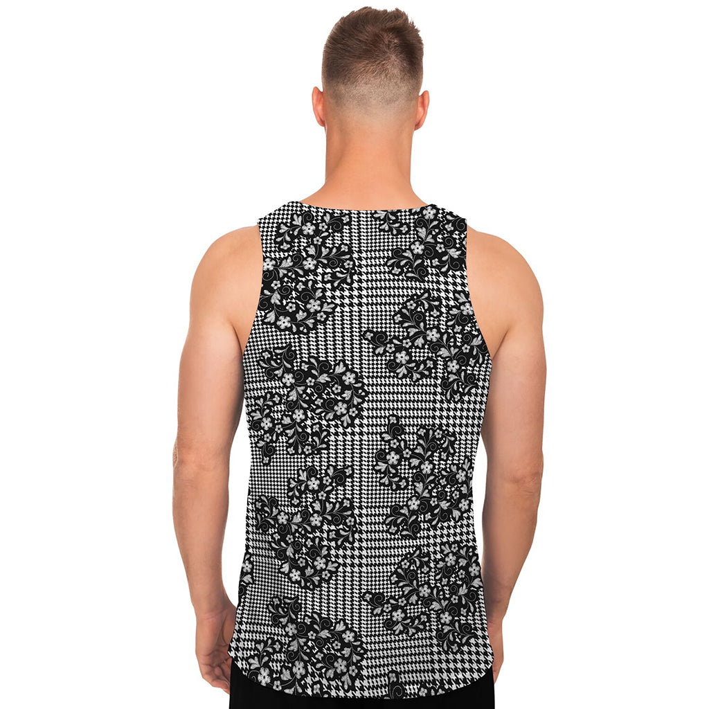 Black And White Floral Glen Plaid Print Men's Tank Top