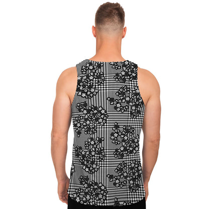 Black And White Floral Glen Plaid Print Men's Tank Top