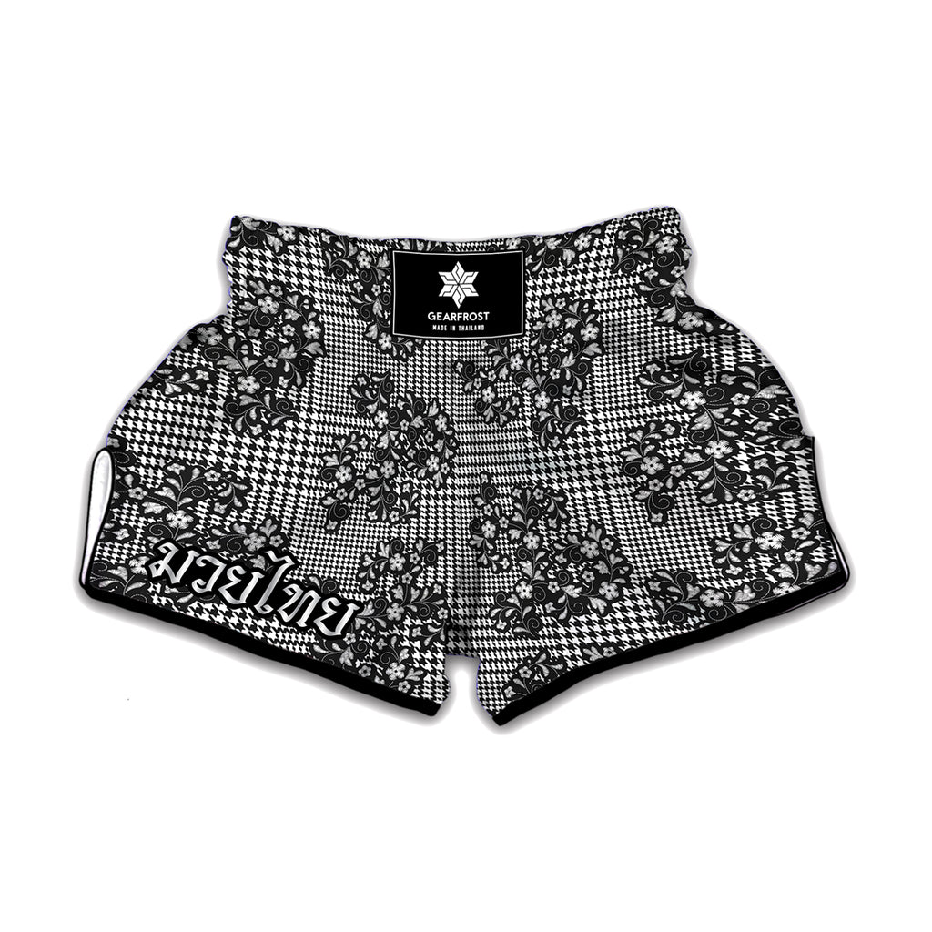 Black And White Floral Glen Plaid Print Muay Thai Boxing Shorts