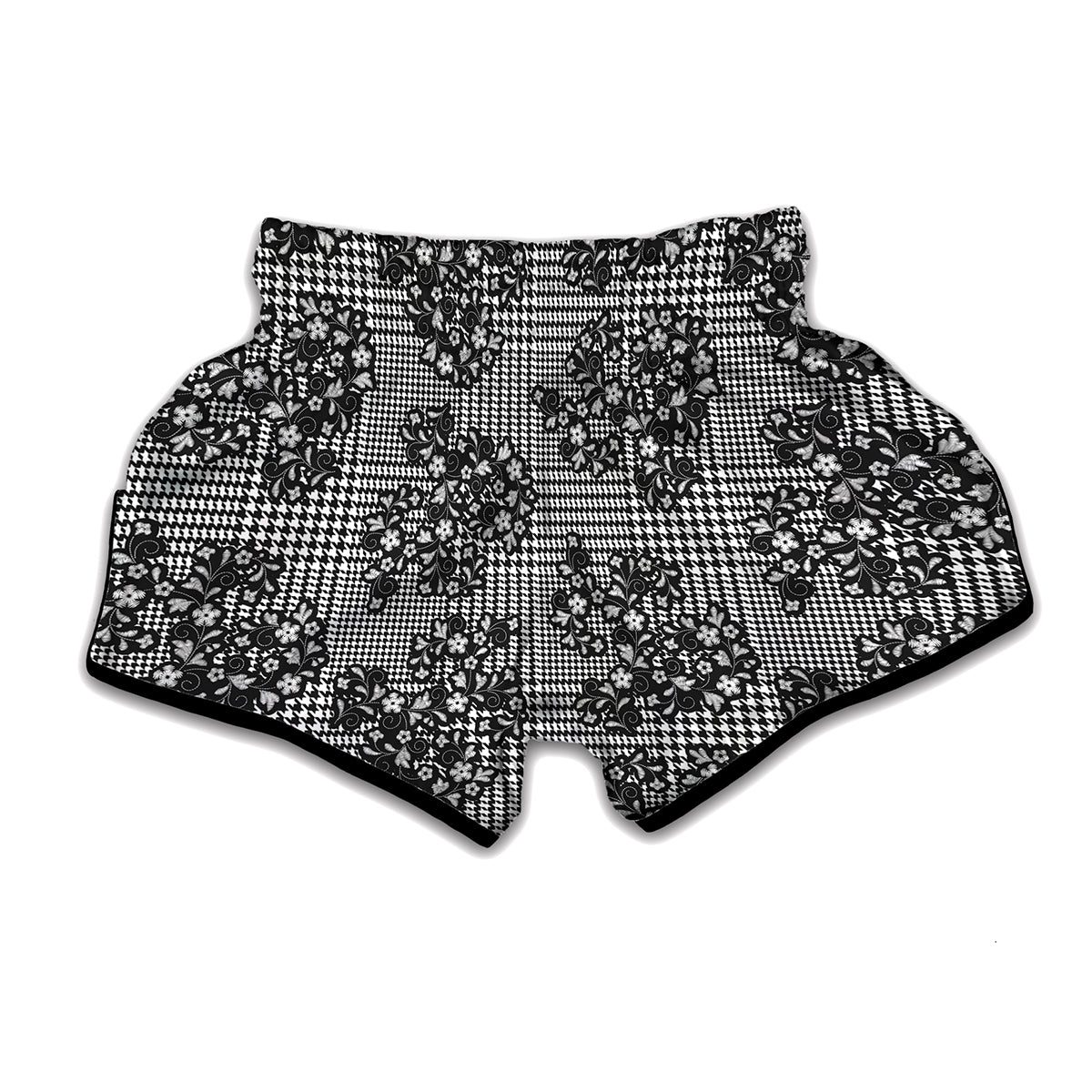 Black And White Floral Glen Plaid Print Muay Thai Boxing Shorts