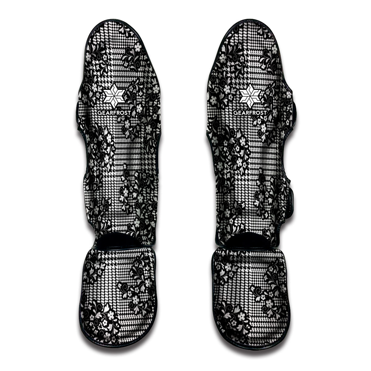 Black And White Floral Glen Plaid Print Muay Thai Shin Guard
