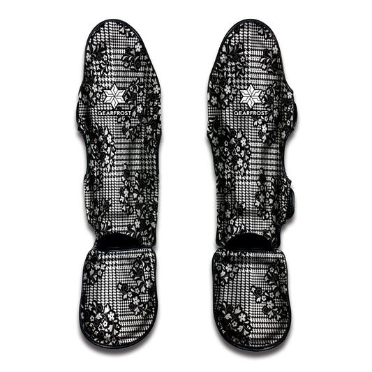 Black And White Floral Glen Plaid Print Muay Thai Shin Guard