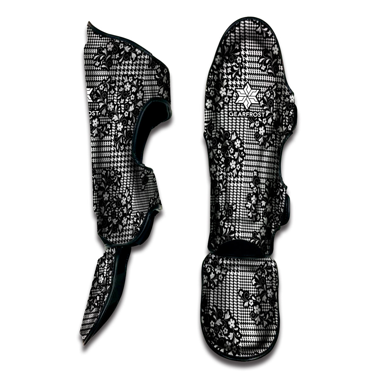 Black And White Floral Glen Plaid Print Muay Thai Shin Guard