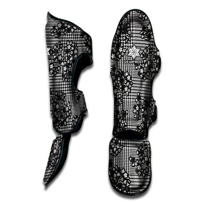 Black And White Floral Glen Plaid Print Muay Thai Shin Guard