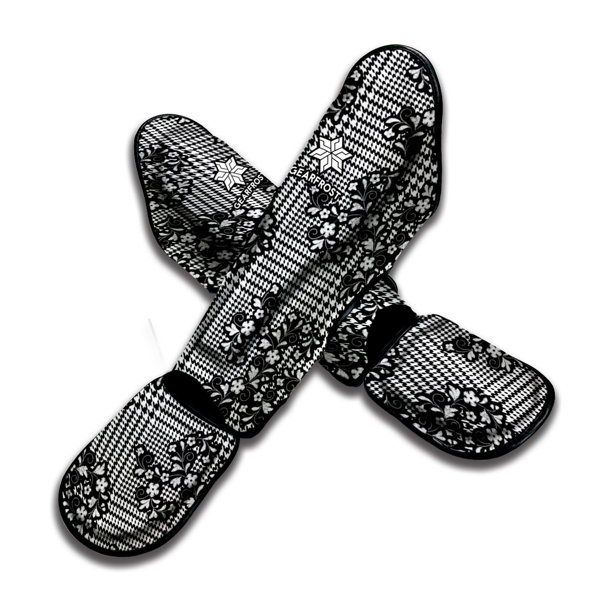 Black And White Floral Glen Plaid Print Muay Thai Shin Guard