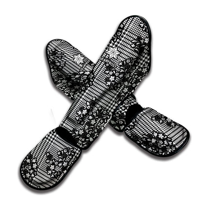 Black And White Floral Glen Plaid Print Muay Thai Shin Guard