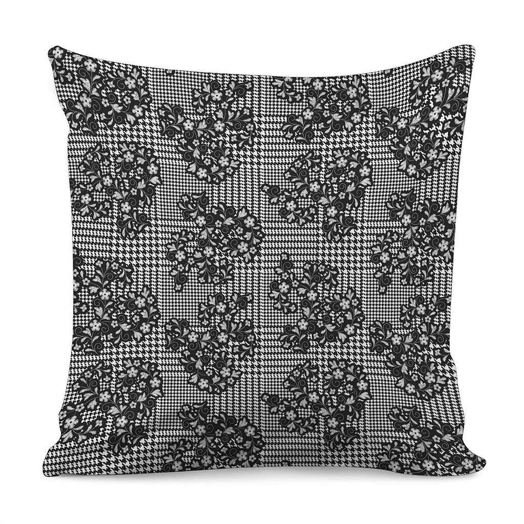 Black And White Floral Glen Plaid Print Pillow Cover