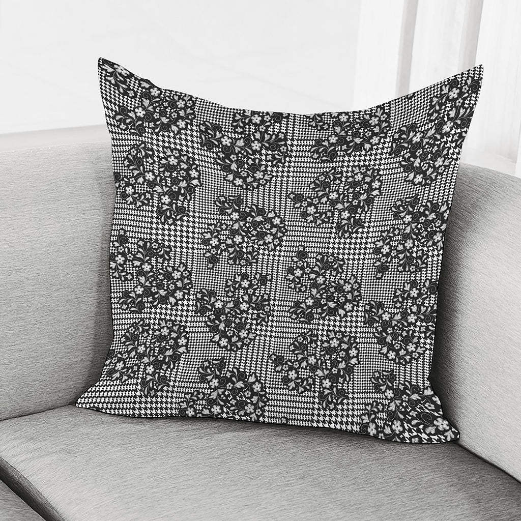 Black And White Floral Glen Plaid Print Pillow Cover