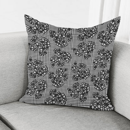 Black And White Floral Glen Plaid Print Pillow Cover