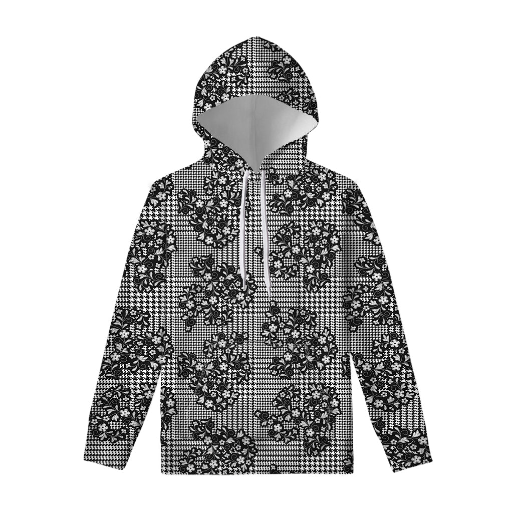 Black And White Floral Glen Plaid Print Pullover Hoodie