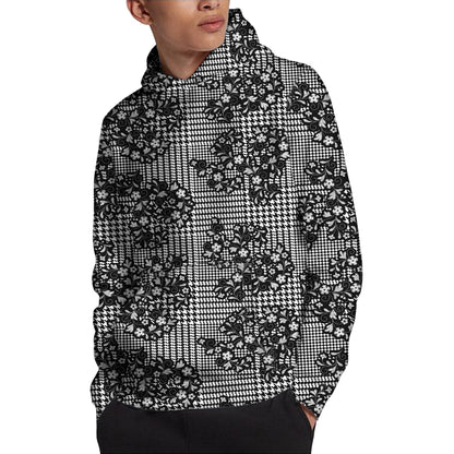 Black And White Floral Glen Plaid Print Pullover Hoodie