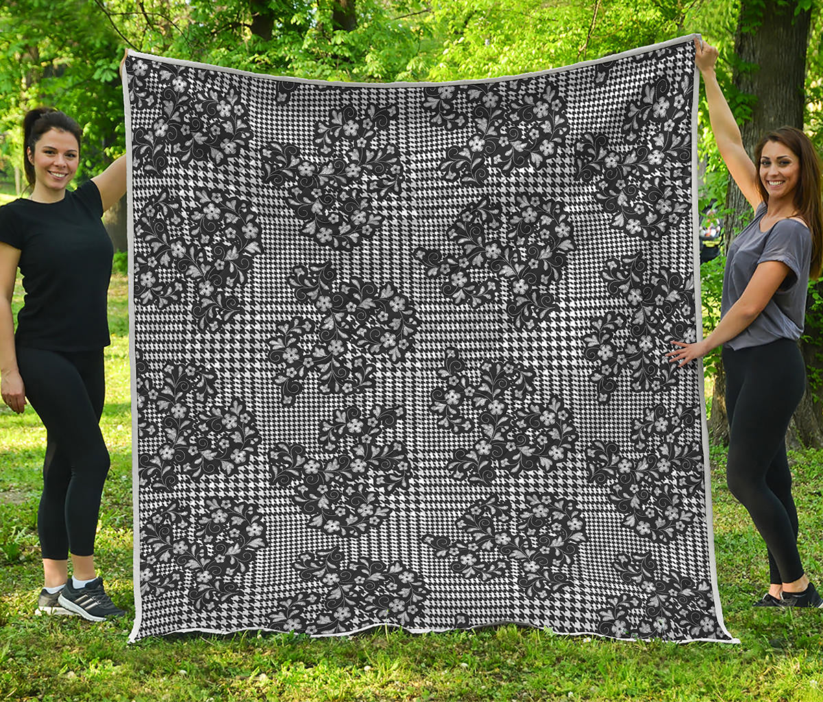 Black And White Floral Glen Plaid Print Quilt