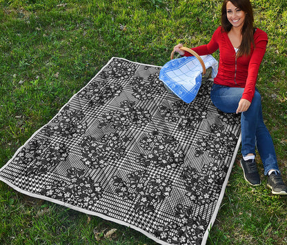 Black And White Floral Glen Plaid Print Quilt