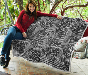 Black And White Floral Glen Plaid Print Quilt