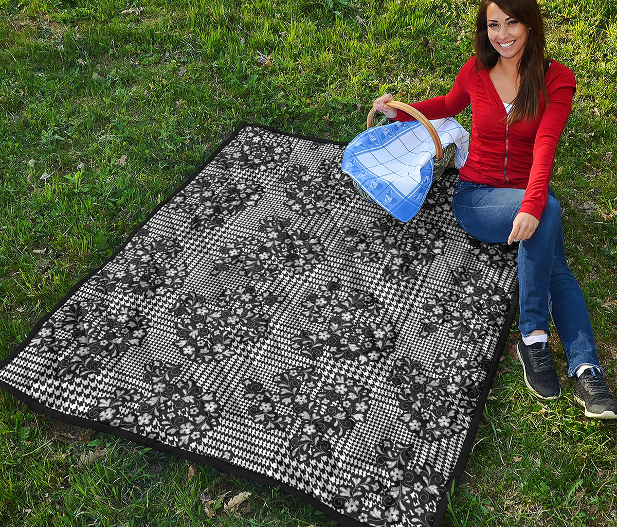 Black And White Floral Glen Plaid Print Quilt