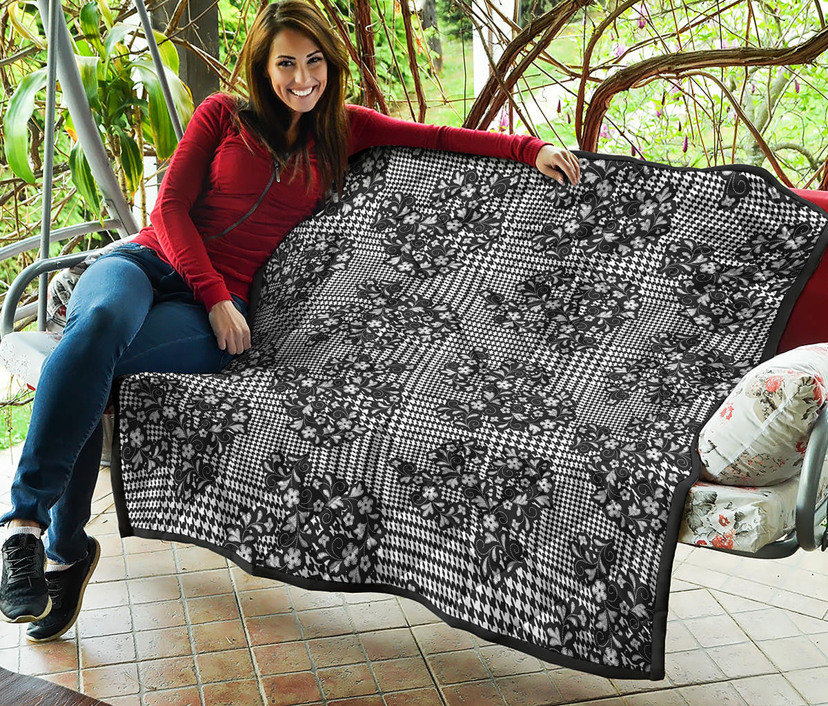 Black And White Floral Glen Plaid Print Quilt