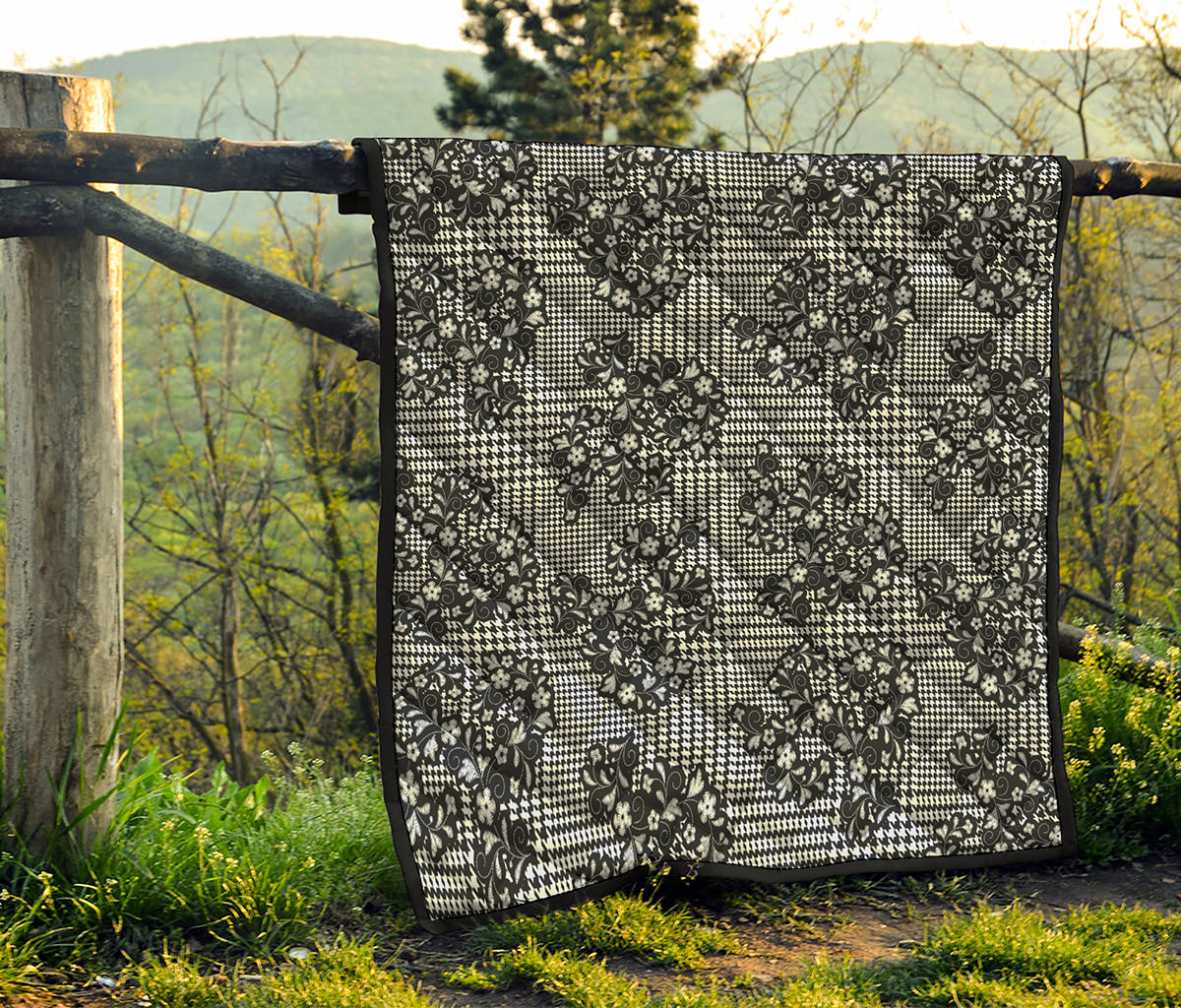 Black And White Floral Glen Plaid Print Quilt