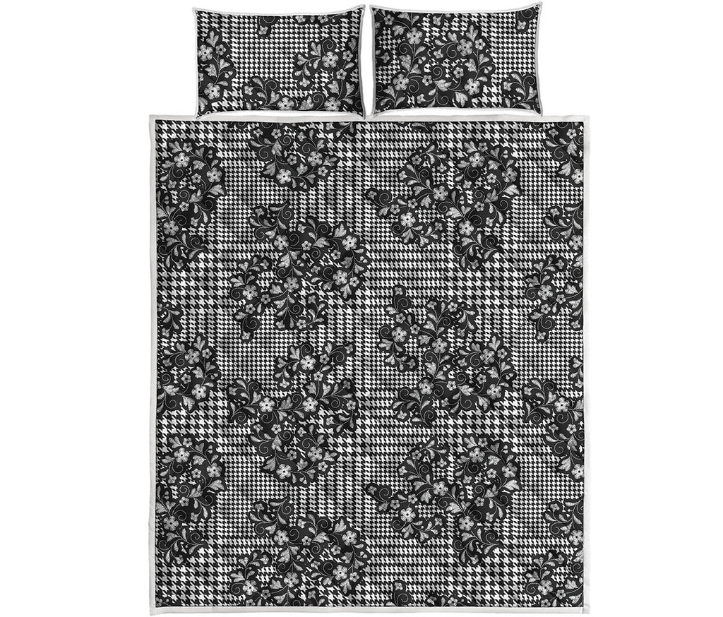 Black And White Floral Glen Plaid Print Quilt Bed Set