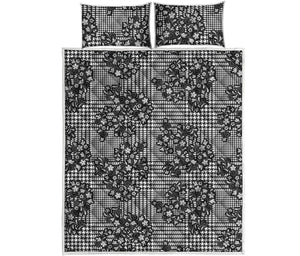 Black And White Floral Glen Plaid Print Quilt Bed Set