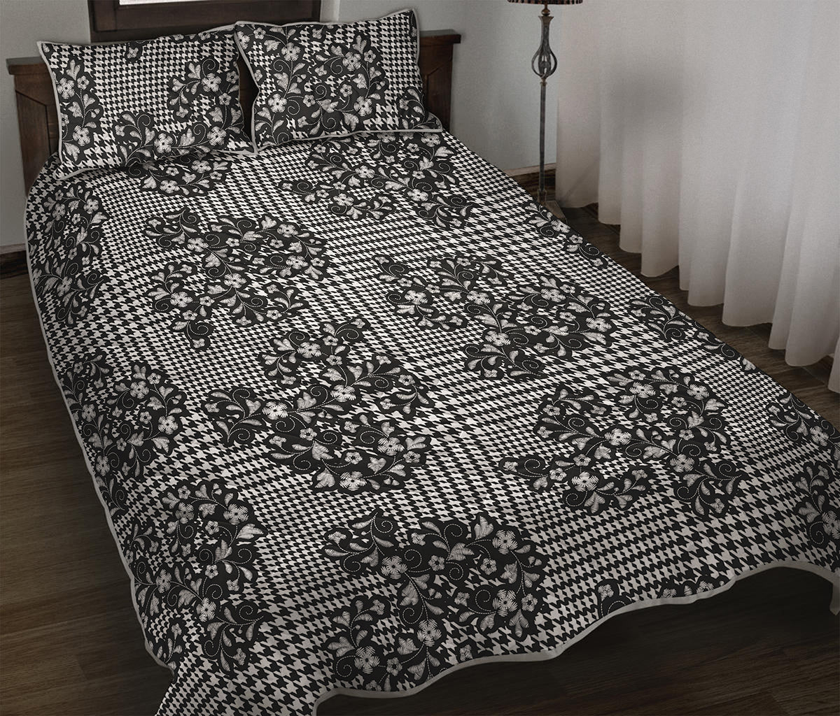 Black And White Floral Glen Plaid Print Quilt Bed Set