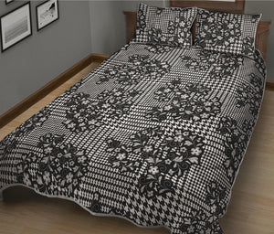 Black And White Floral Glen Plaid Print Quilt Bed Set