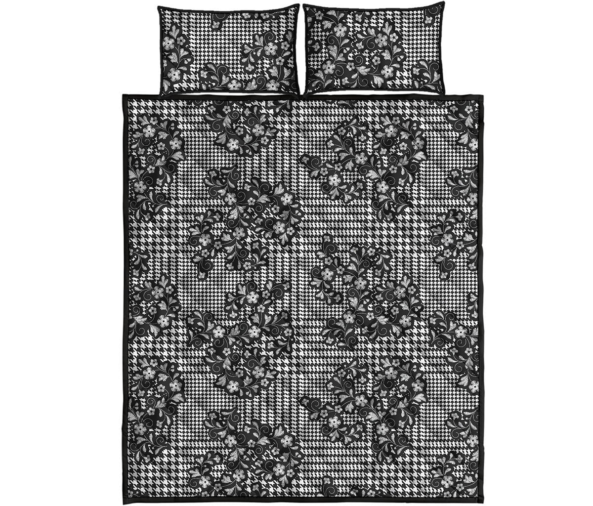 Black And White Floral Glen Plaid Print Quilt Bed Set