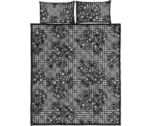 Black And White Floral Glen Plaid Print Quilt Bed Set