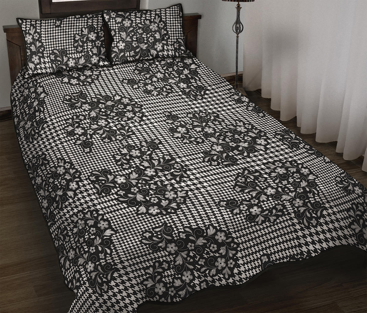 Black And White Floral Glen Plaid Print Quilt Bed Set