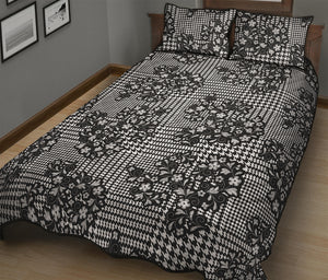 Black And White Floral Glen Plaid Print Quilt Bed Set