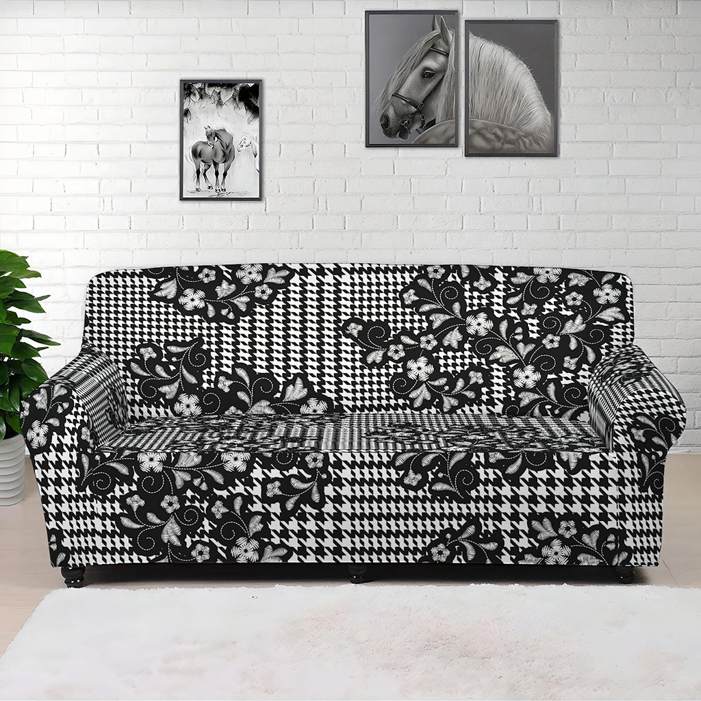 Black And White Floral Glen Plaid Print Sofa Cover