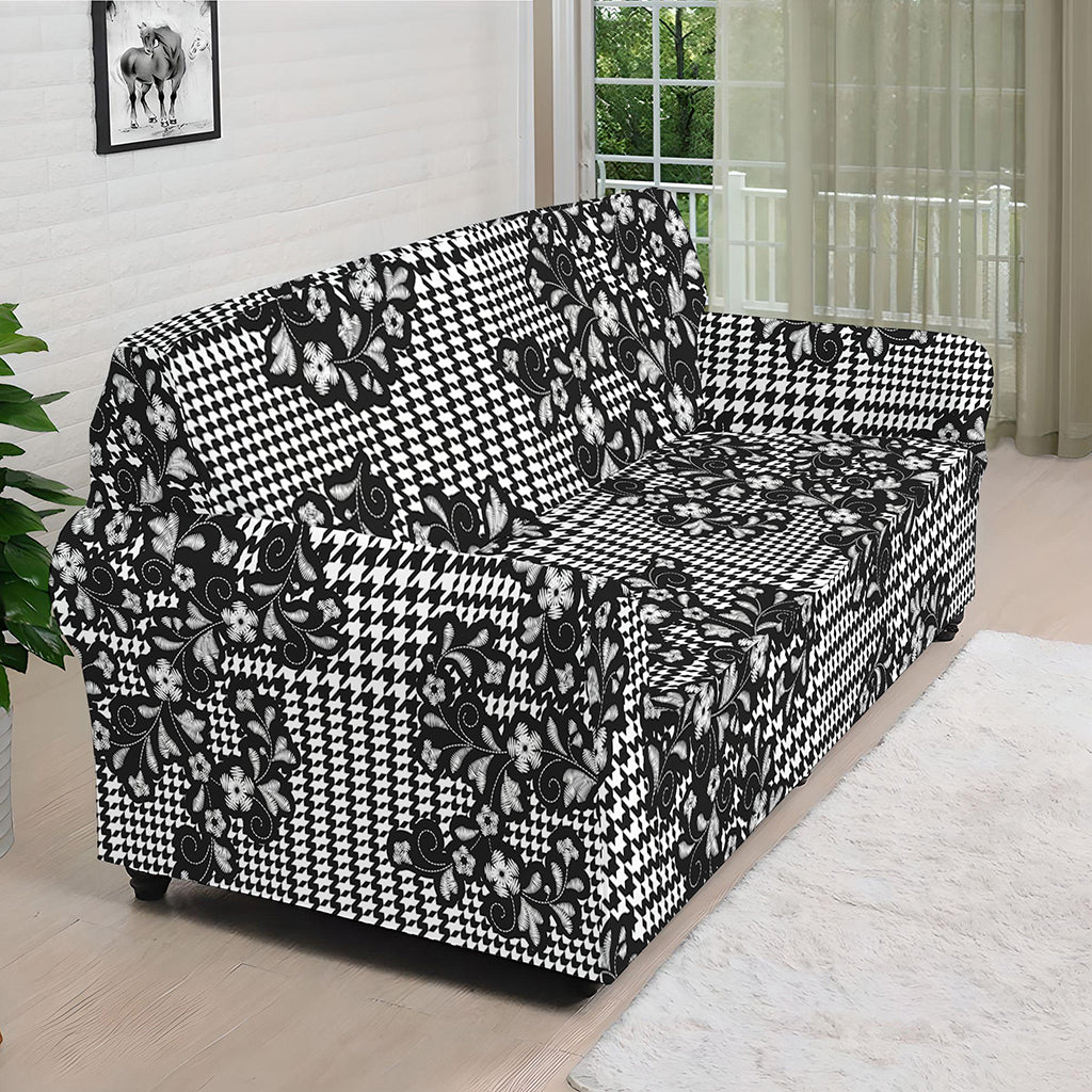 Black And White Floral Glen Plaid Print Sofa Cover