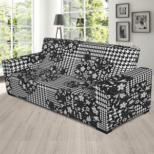 Black And White Floral Glen Plaid Print Sofa Slipcover